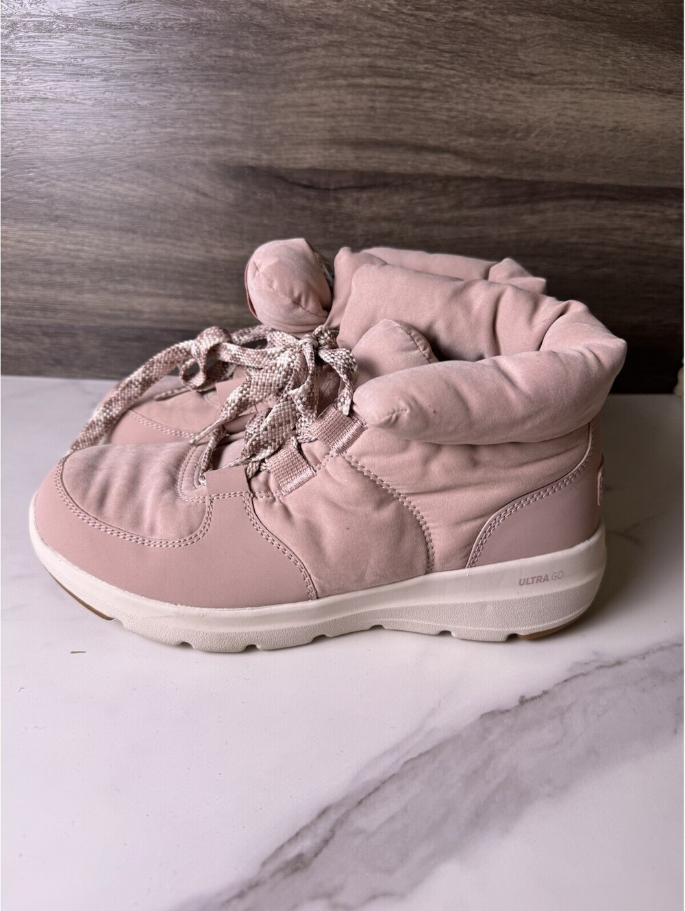 Skechers On-The-Go Women’s 7.5 Pink Mauve Puffer Ankle Boots Ultra Go